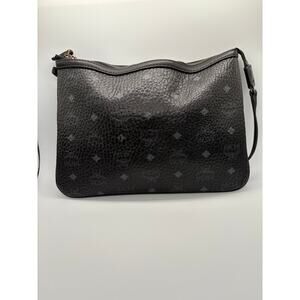 MCM Veritas Visetos Wristlet Clutch Black Grey Leather Logo Pouch Authentic